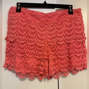 LOFT, The Riveria Short, pink/corral ruffle, crochet, scalloped hem shorts, sz 4